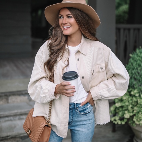 Frayed Corduroy Shirt Jacket In Ecru 
